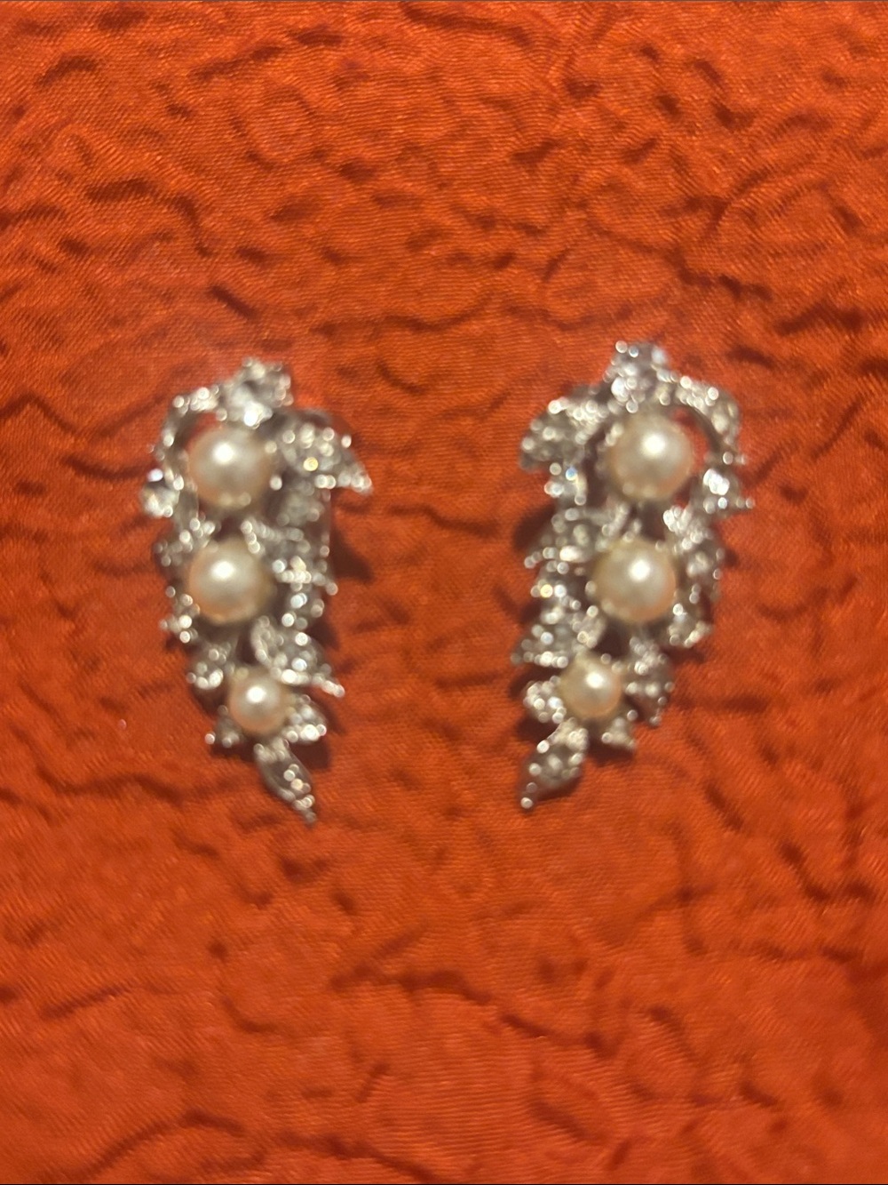 Vintage Pearl and Crystal Silver-Tone Cluster Drop clip on Earrings